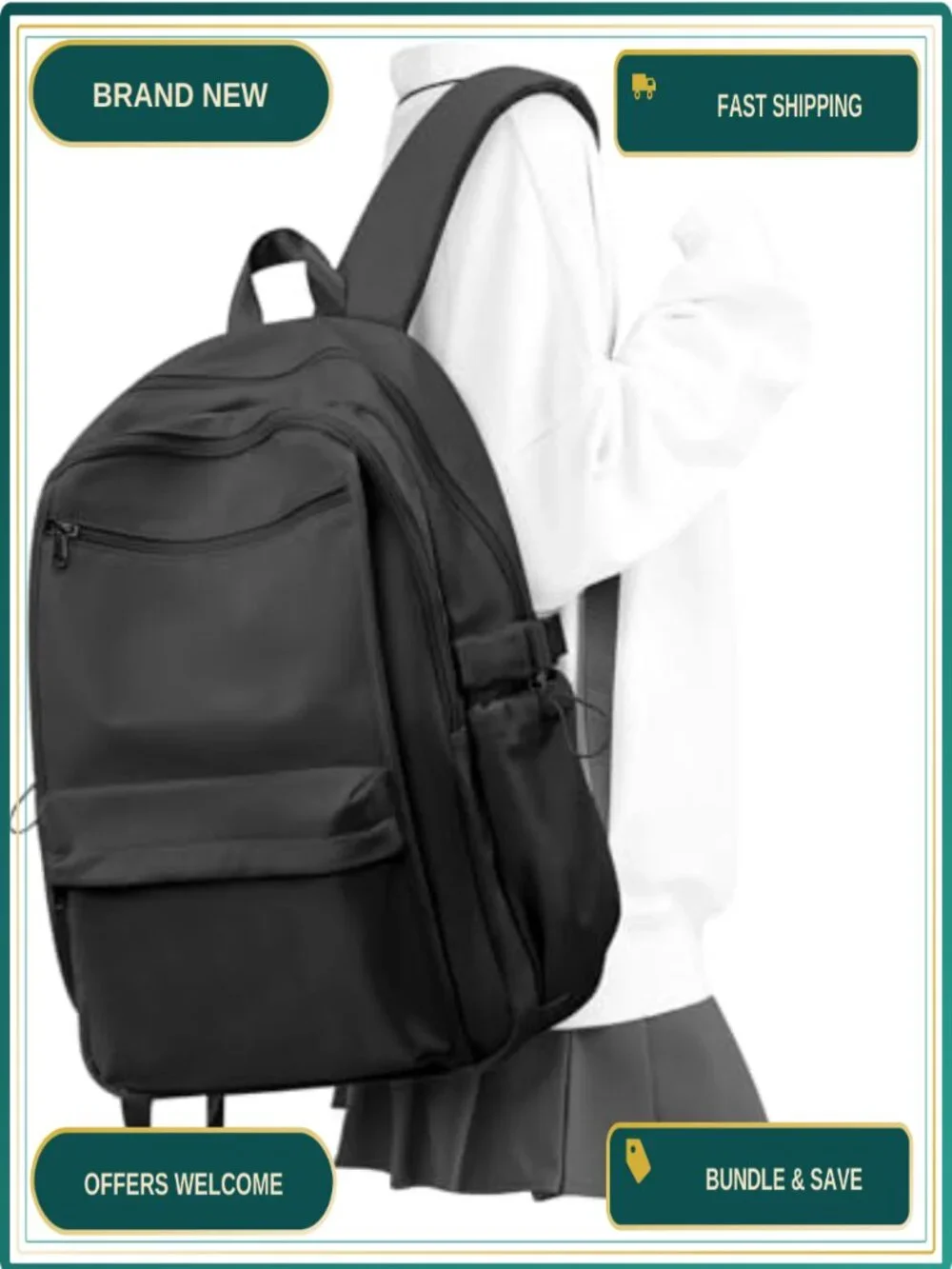 Water-Resistant Nylon Daypack Backpack with 5 Pockets for School Travel Work
